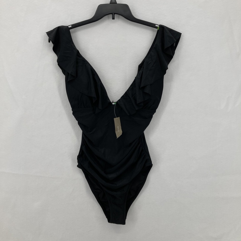J Crew V-neck Ruched One Piece Swimsuit Womens‎ 10 Black Stretch Preppy Beach